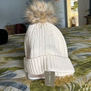 J. Crew Ivory Knit Beanie with Faux Fur Pom